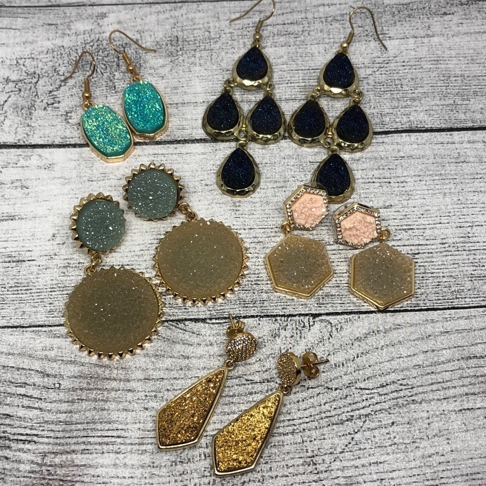 Curated bundle lot 5 faux druzy trendy dressy statement earrings dangle drop.